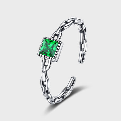 Modern Square Sterling Silver Emerald Zircon Chain Open Ring