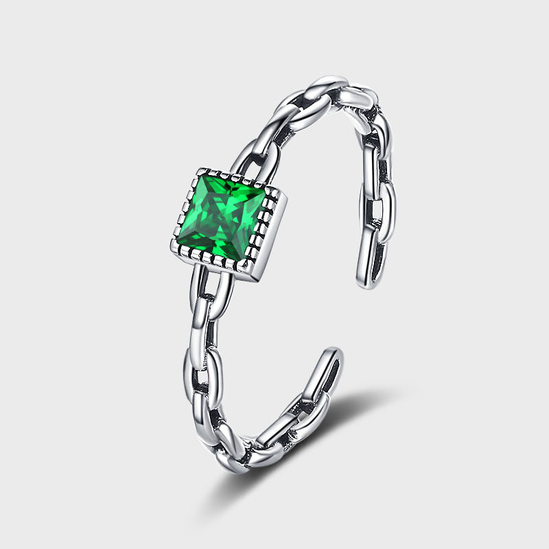 Modern Square Sterling Silver Emerald Zircon Chain Open Ring