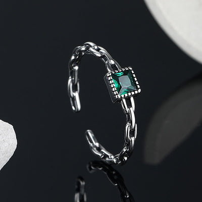 Modern Square Sterling Silver Emerald Zircon Chain Open Ring