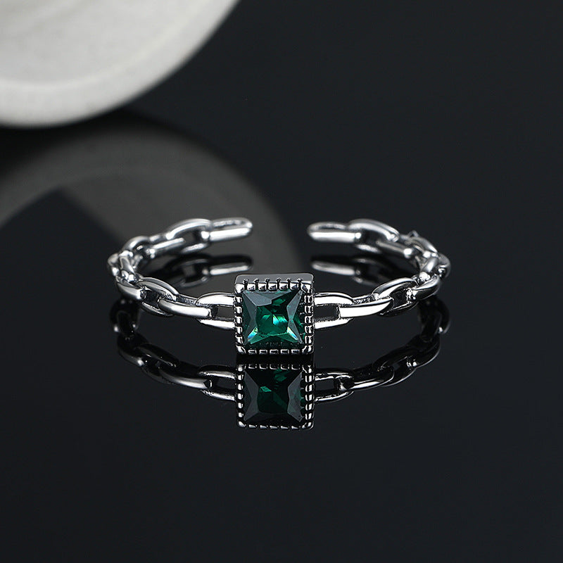 Modern Square Sterling Silver Emerald Zircon Chain Open Ring