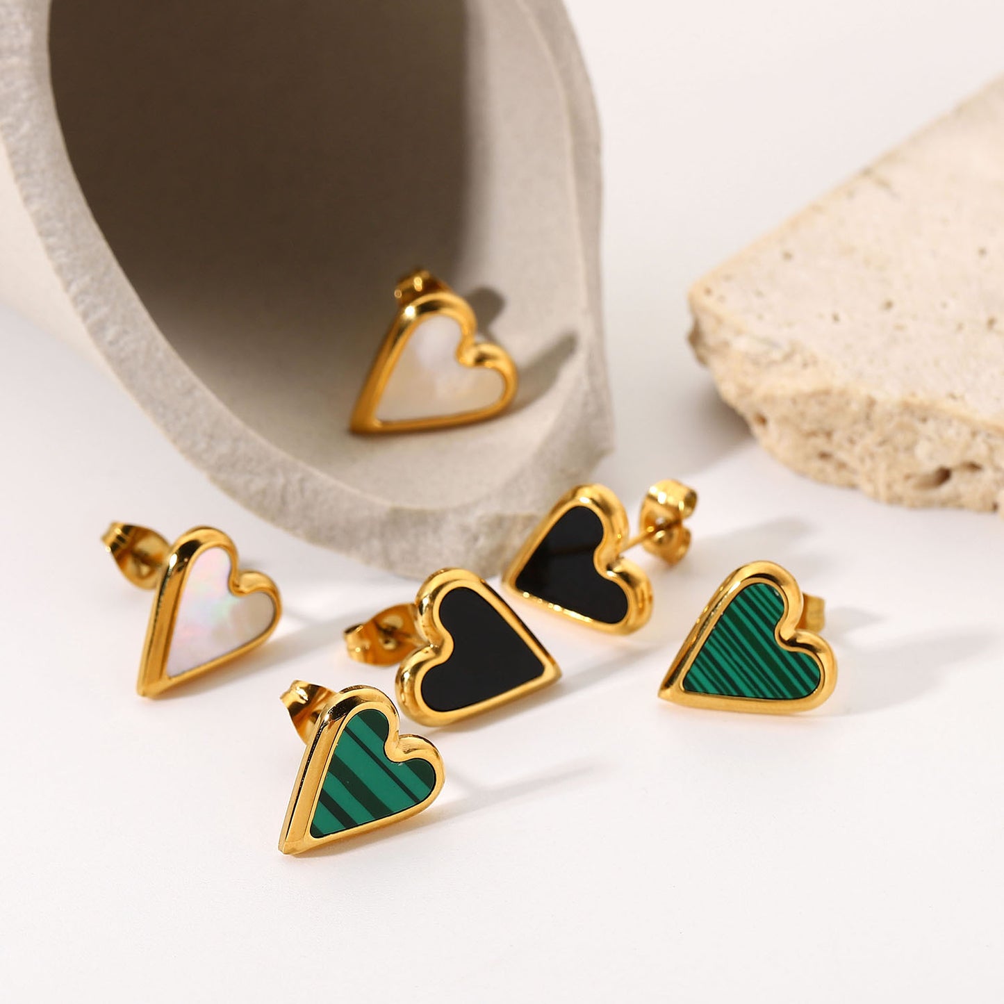 Natural Stone Heart Earrings with White Shell, Green Malachite, and Black Shell in Stainless Steel