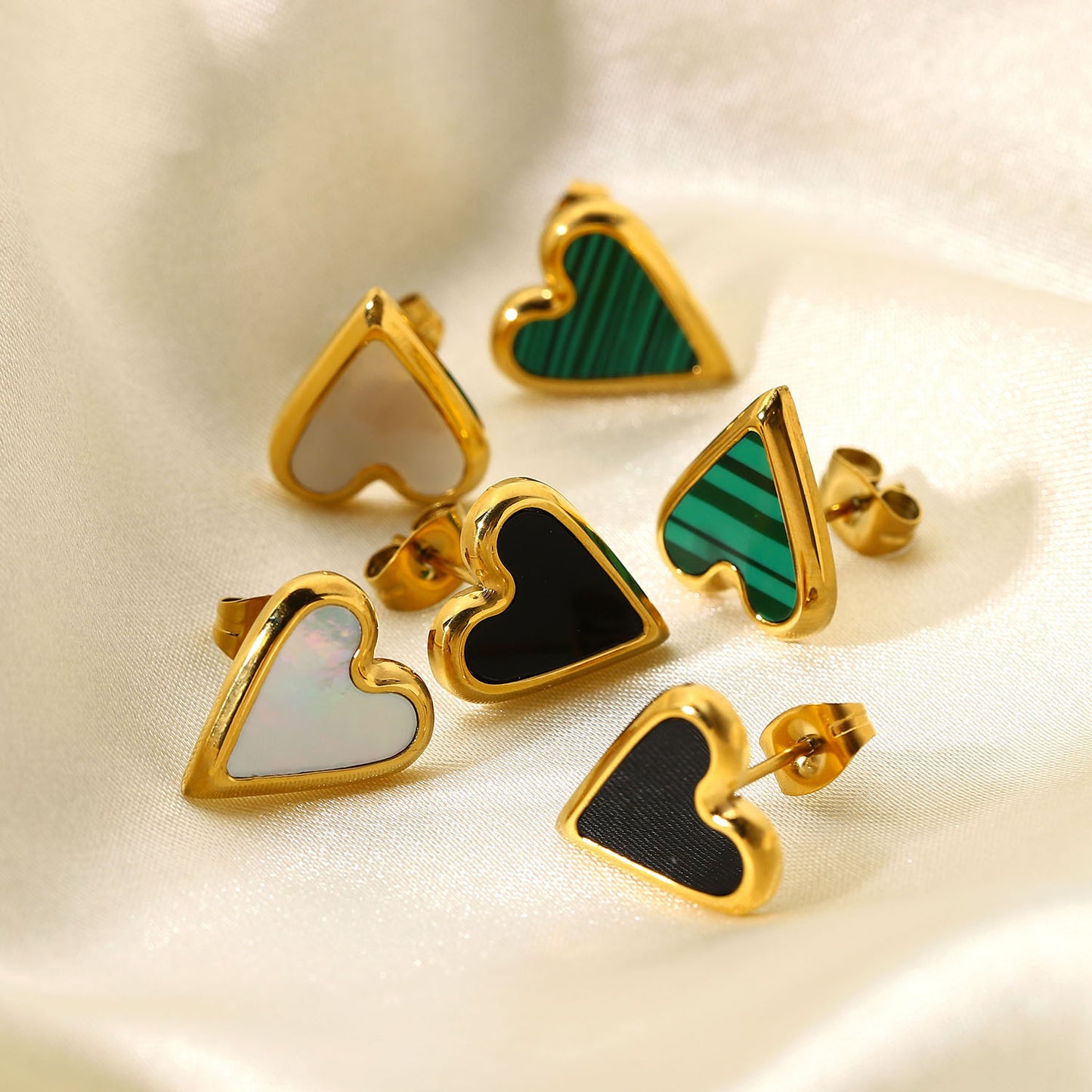 Natural Stone Heart Earrings with White Shell, Green Malachite, and Black Shell in Stainless Steel