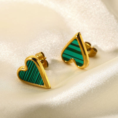 Natural Stone Heart Earrings with White Shell, Green Malachite, and Black Shell in Stainless Steel