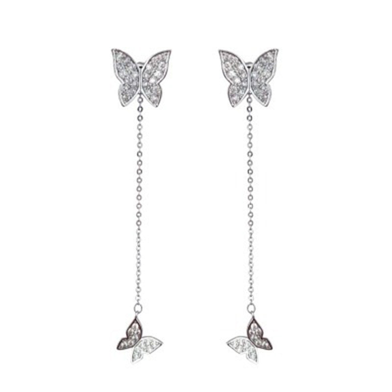 New 925 Silver Needle Fashion Butterfly Long Earrings Tassel Dual-use Earrings