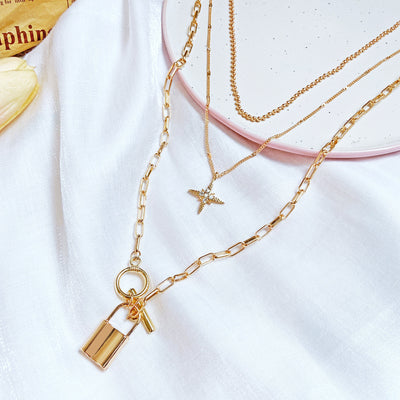 New Alloy Creative Multi-layer Eight-pointed Star Lock Pendant Necklace
