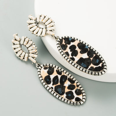 New Alloy Inlaid Turquoise Paste Leather Horsehair Print Leopard Earrings