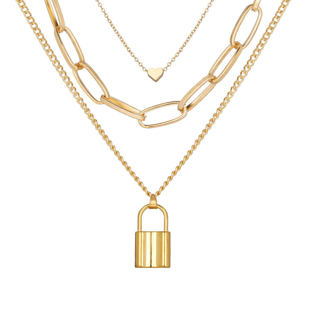 New Alloy Simple Peach Heart Lock Pendant Necklace Creative Retro Multi-layer Necklace