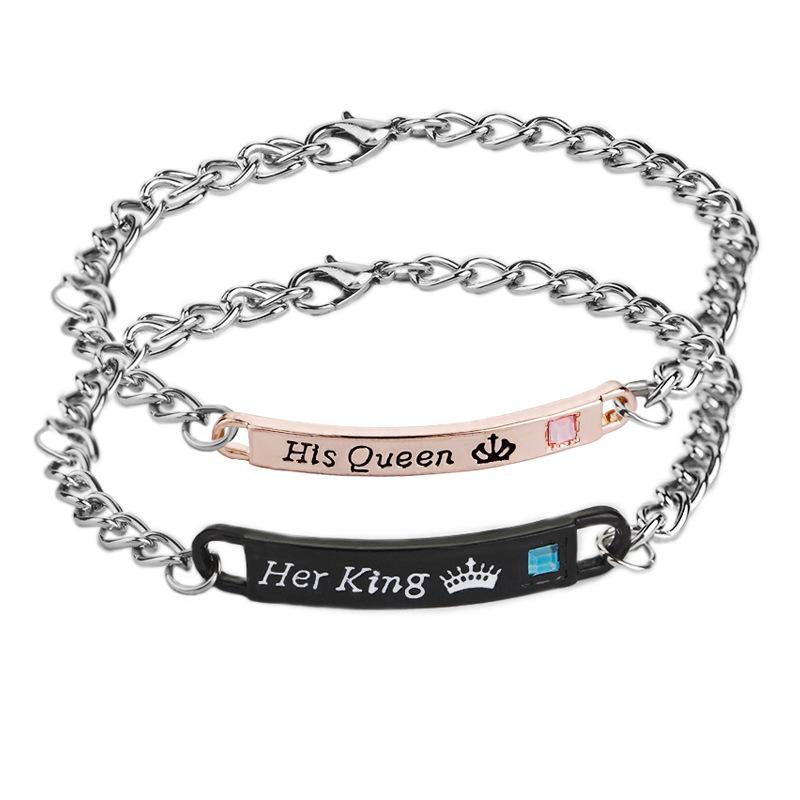 New Couple Her King His Queen Fashion Simple English Alphabet Diamond Id Bracelet