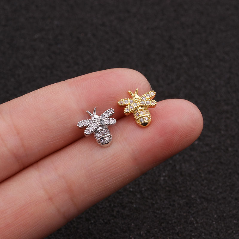 Creative Mini Bee Stainless Steel Zircon Bar Stud Earrings