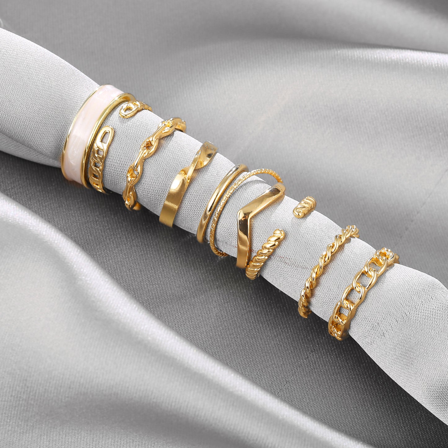 Elegant Pearl & Metal Twist Ring Set - 10 Pieces