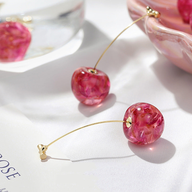 New Fashion Cute Girl Cherries Gentle Pink Dried Flowers Cherry Earrings