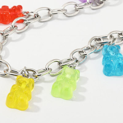 New Fashion Candy Color Bear Pendant Bracelet Silver Thick Chain Bracelet For Women Wholesale