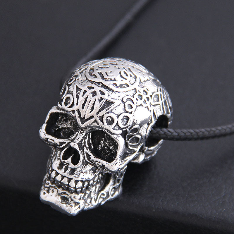 Men's Retro Skull Pendant Necklace with Wax Rope Chain