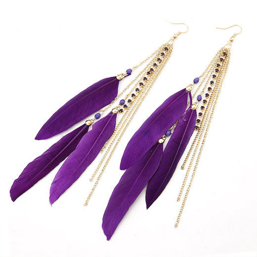 New Fashion Metal Tassel Feather Earrings with Rhinestone Embellishment