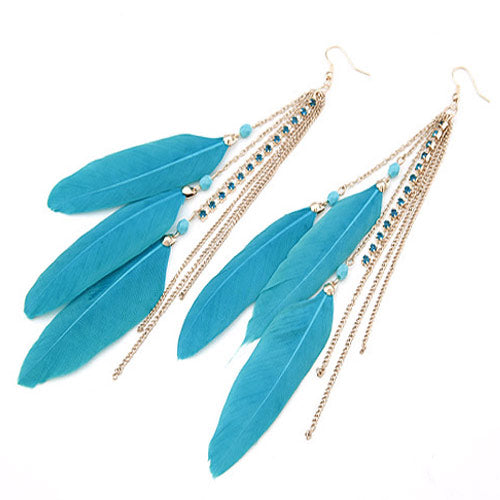 New Fashion Metal Tassel Feather Earrings with Rhinestone Embellishment