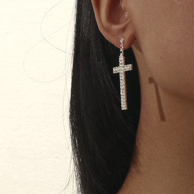 New Full Of Diamonds Long Cross Copper Earrings Stainless Steel