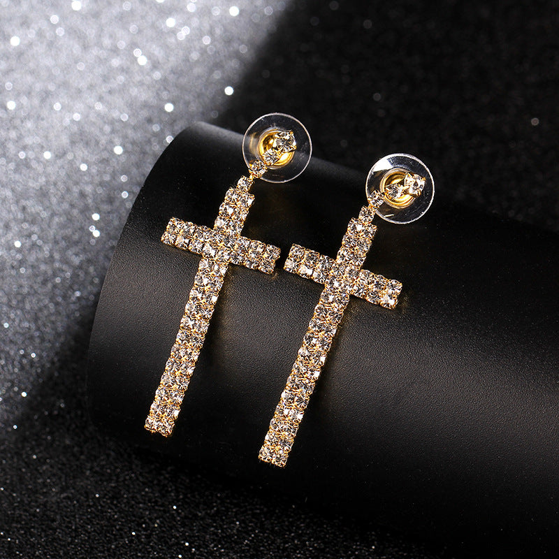 Elegant Crystal Long Cross Drop Earrings for Women