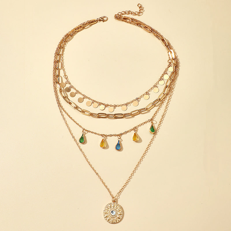 New Geometric Disc Tassel Alloy Buckle Rhinestone Tassel Disc Pendant Four-layer Necklace