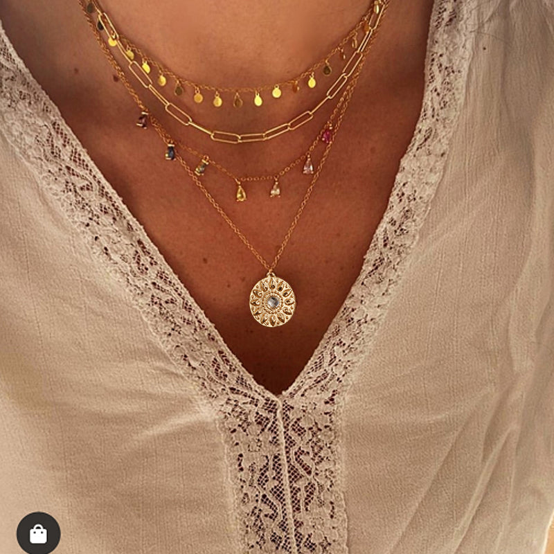 Geometric Disc Rhinestone Tassel Layered Necklace