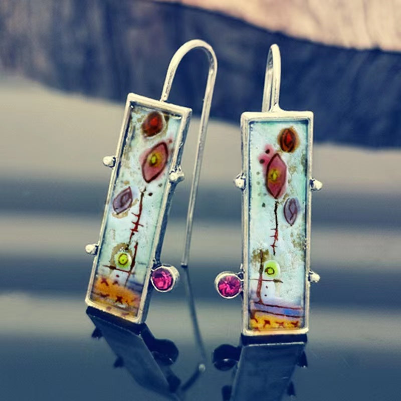 Hand-Painted Floral Enamel Bohemian Diamond Earrings