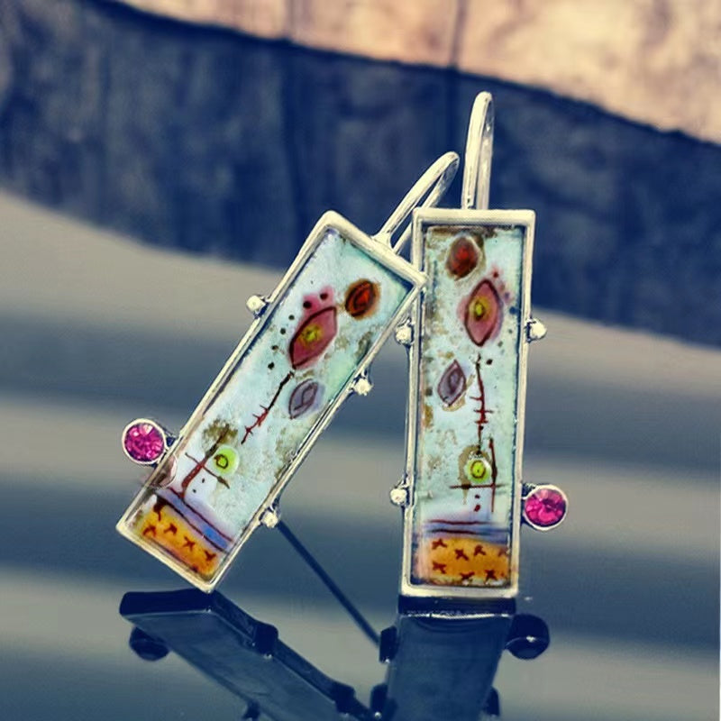 Hand-Painted Floral Enamel Bohemian Diamond Earrings