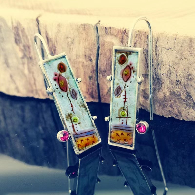 Hand-Painted Floral Enamel Bohemian Diamond Earrings