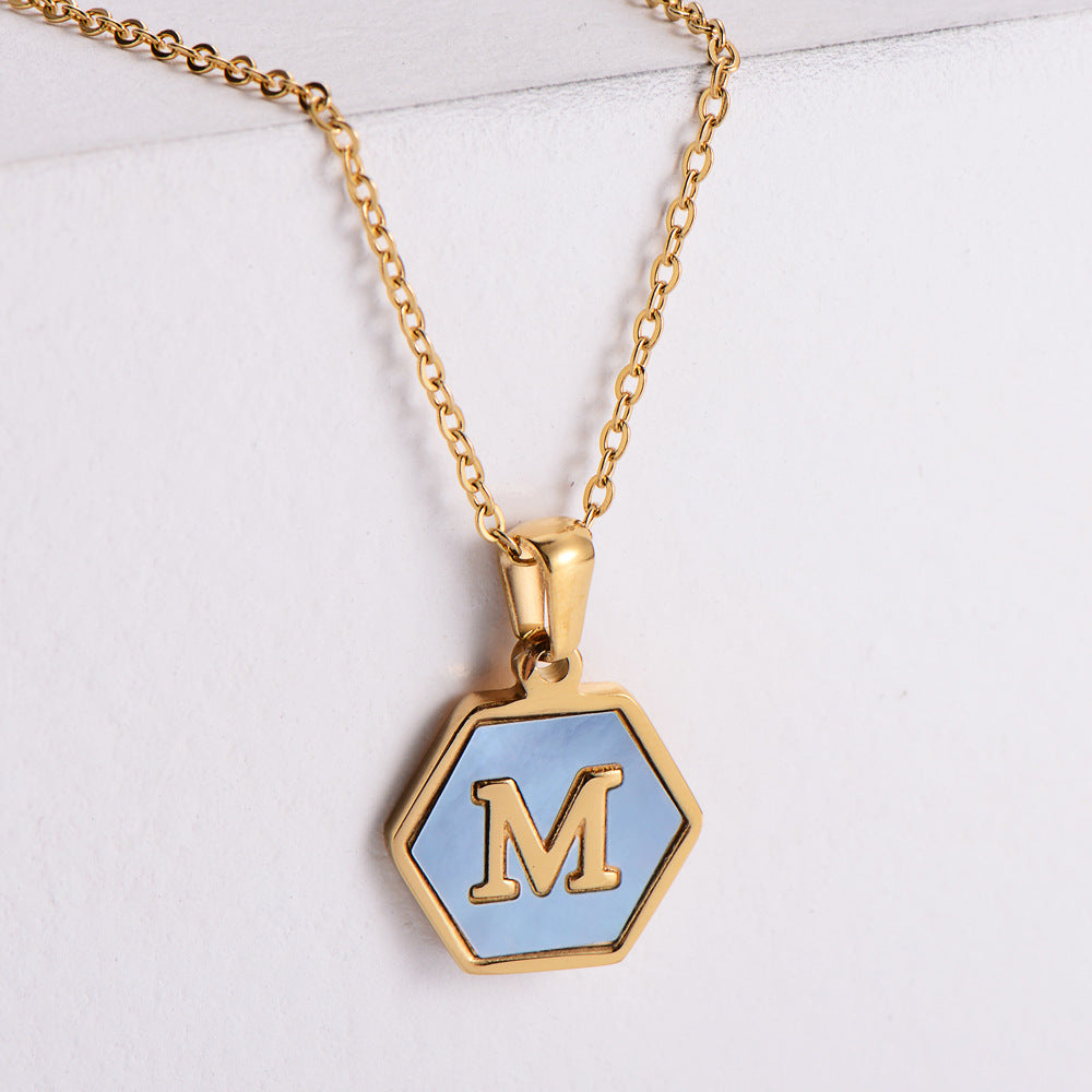 Hexagon Blue Shell Letter Pendant Stainless Steel Necklace