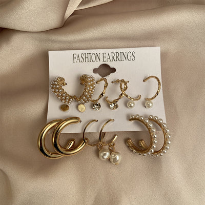 New Inlaid Pearl Gold Hoop Earring 6-piece Set
