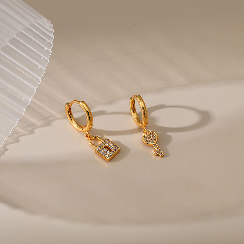 18K Gold Plated Zircon Heart Key Lock Earrings