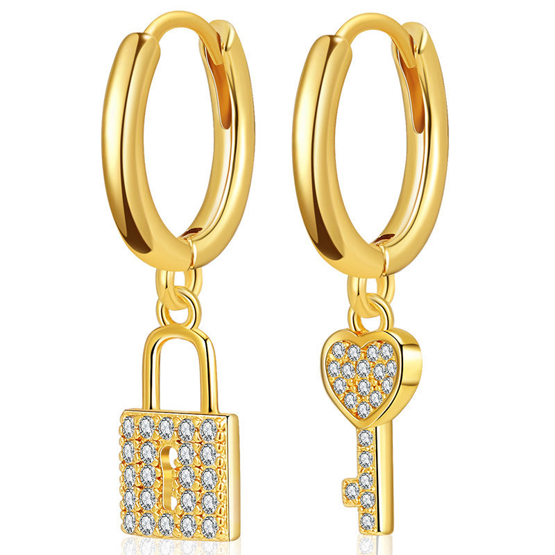 18K Gold Plated Zircon Heart Key Lock Earrings