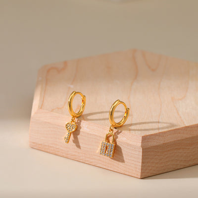 18K Gold Plated Zircon Heart Key Lock Earrings