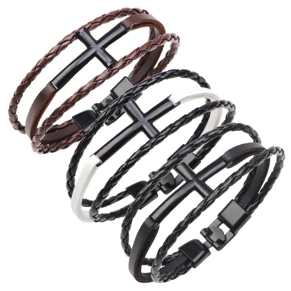 New Metal Cross Braided Leather Rope Three-color Bracelet
