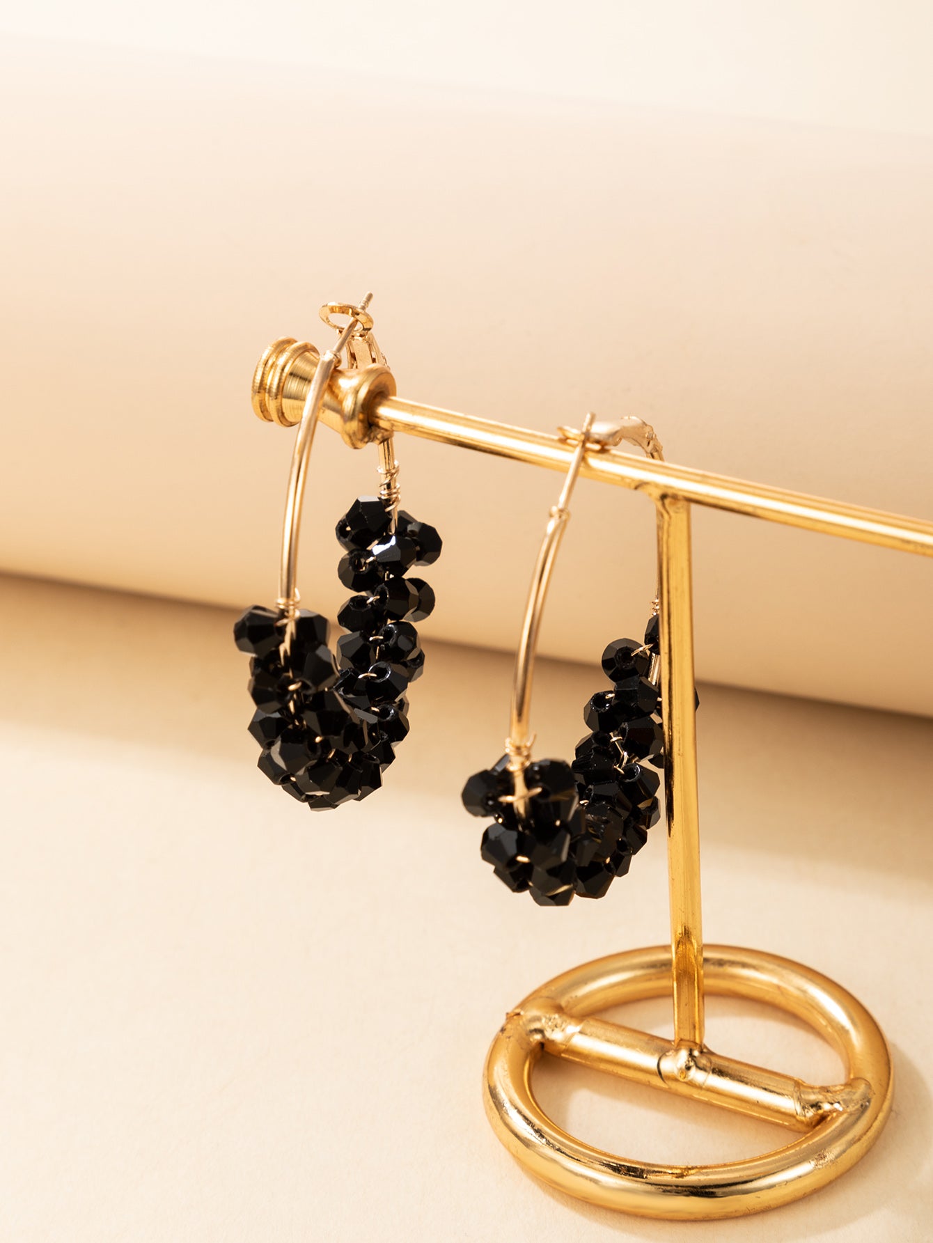 Black Crystal Beaded Geometric Hoop Earrings