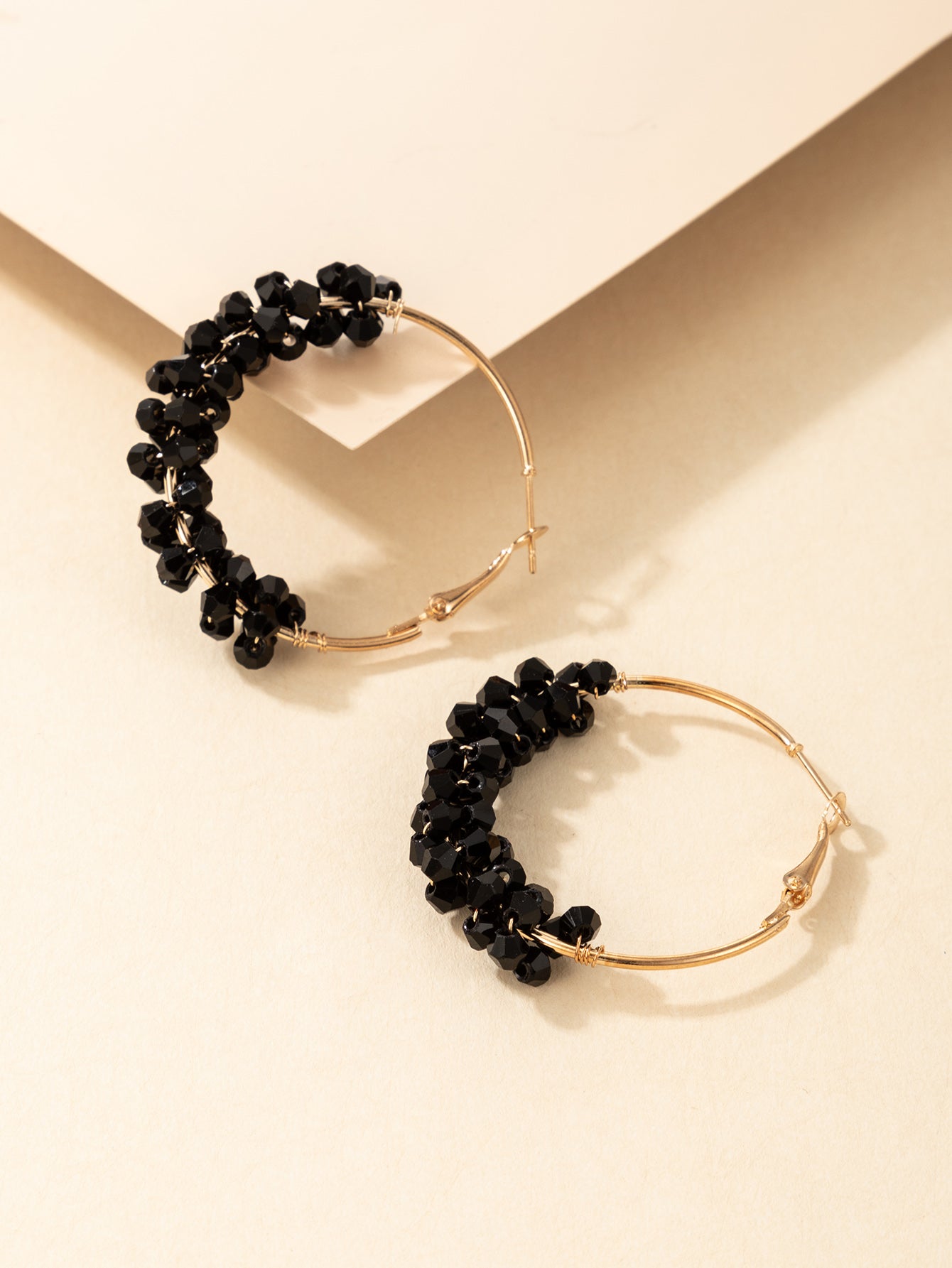 Black Crystal Beaded Geometric Hoop Earrings