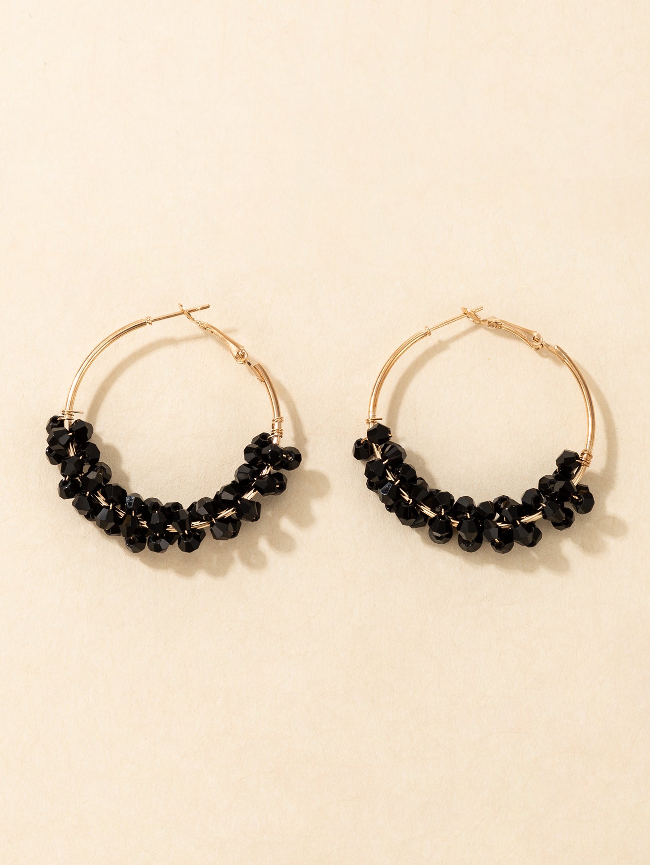 Black Crystal Beaded Geometric Hoop Earrings