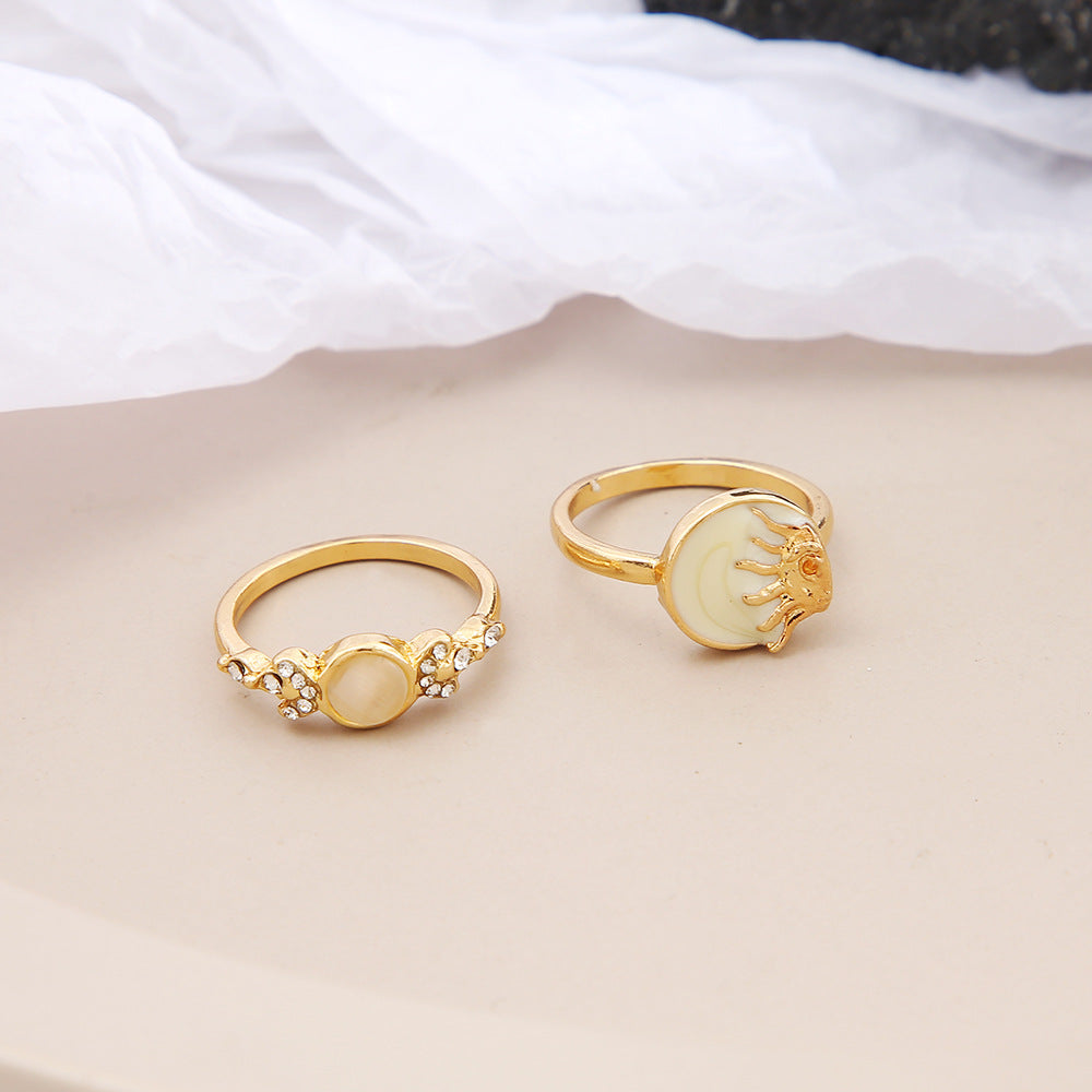 New Minimalist Rhinestone Moon Joint Alloy Ring Set - 2 Pieces