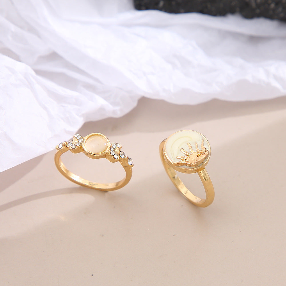 New Minimalist Rhinestone Moon Joint Alloy Ring Set - 2 Pieces