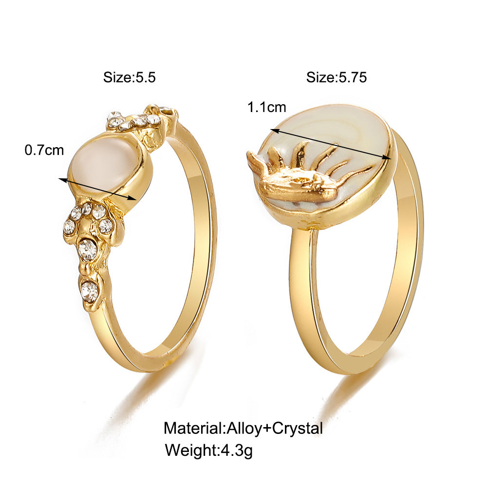 New Minimalist Rhinestone Moon Joint Alloy Ring Set - 2 Pieces