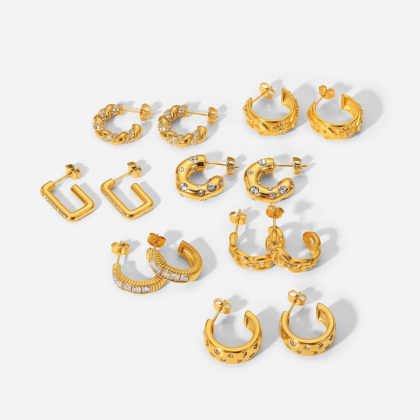 18K Gold Plated Stainless Steel C-Shaped Diamond Earrings