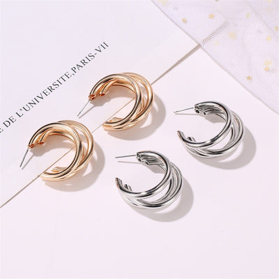 New Style Metal Three-layer Semicircle Cross Earrings Influx Of People Exaggerated Earrings Femininity Cold Wind C-type Earrings