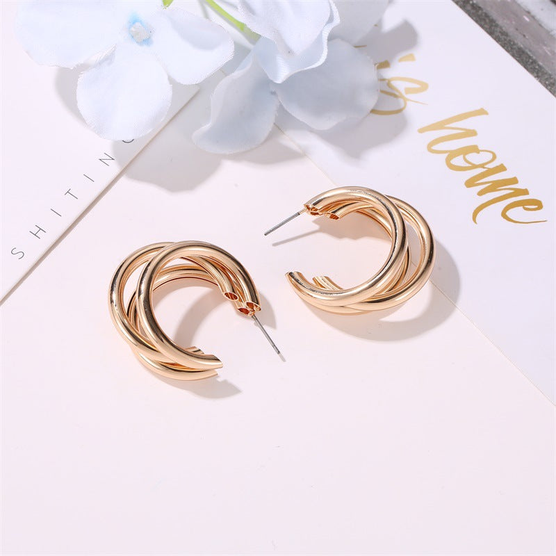 New Style Metal Three-layer Semicircle Cross Earrings Influx Of People Exaggerated Earrings Femininity Cold Wind C-type Earrings