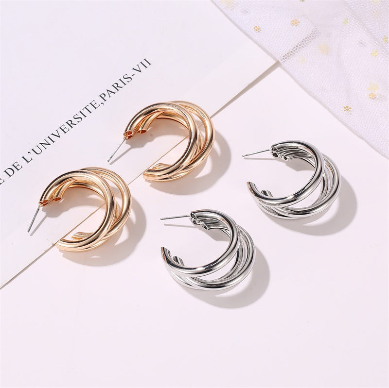 New Style Metal Three-layer Semicircle Cross Earrings Influx Of People Exaggerated Earrings Femininity Cold Wind C-type Earrings
