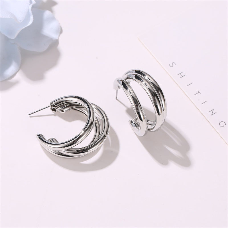 New Style Metal Three-layer Semicircle Cross Earrings Influx Of People Exaggerated Earrings Femininity Cold Wind C-type Earrings