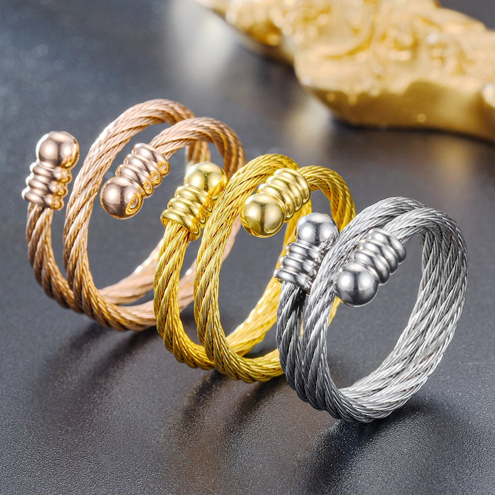 Adjustable Titanium Steel Braided Knotted Couple Ring and 24k Gold Plated Open Cuff Bracelet