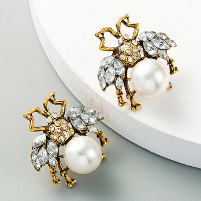 Retro Bee Pearl Rhinestone Stud Earrings