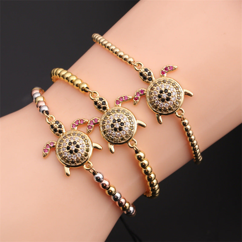 Zircon Inlaid Tortoise Adjustable Copper Beads Bracelet