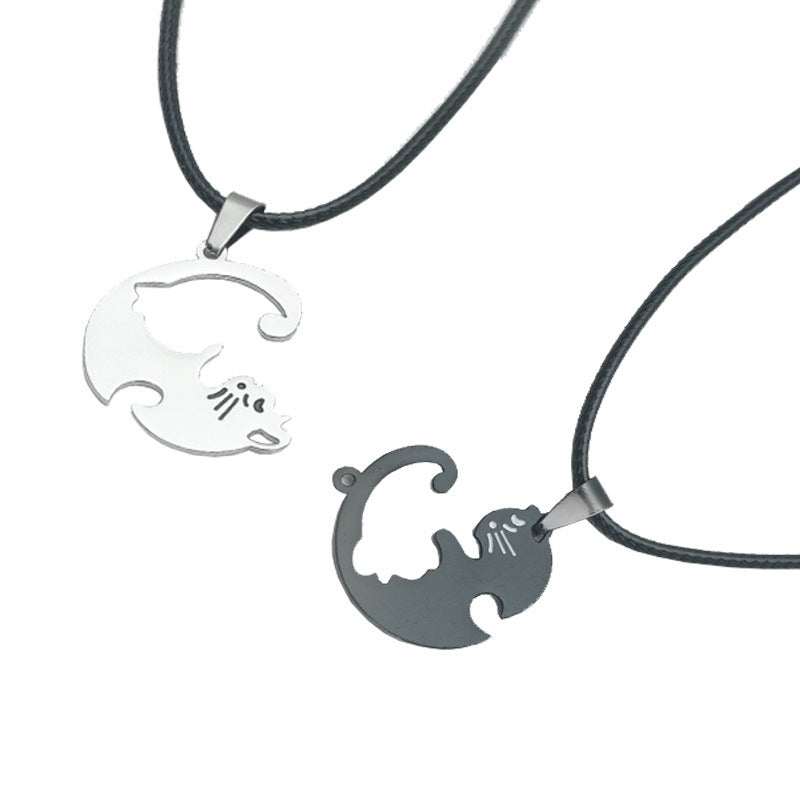 Cute Cat Couple Stitching Pendant Two-color Necklace
