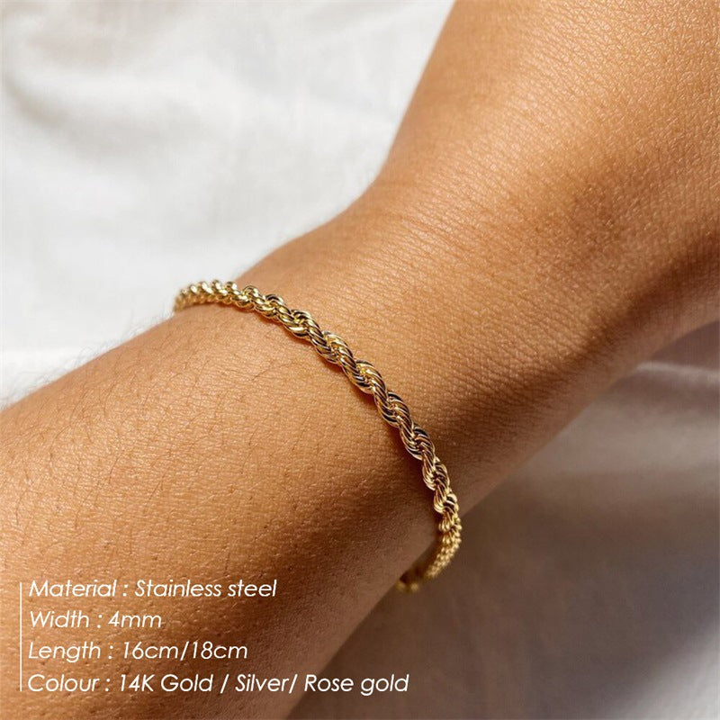 Stainless Steel Twist Chain Bracelet - 4mm Gold Hip Hop Punk Style Fashion Jewelry