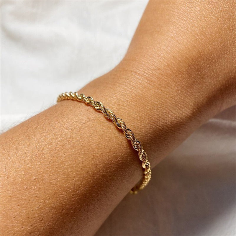 Stainless Steel Twist Chain Bracelet - 4mm Gold Hip Hop Punk Style Fashion Jewelry