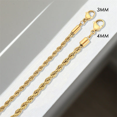 Stainless Steel Twist Chain Bracelet - 4mm Gold Hip Hop Punk Style Fashion Jewelry